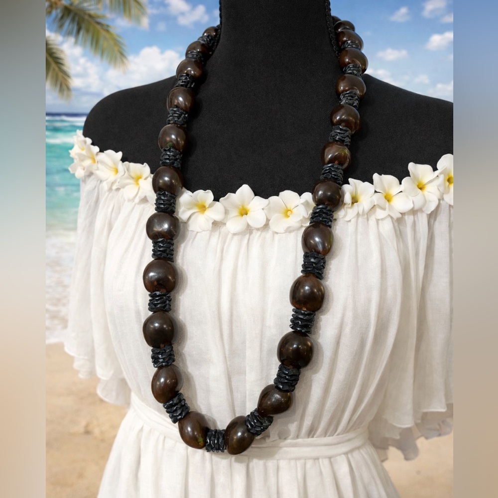 Authentic Vintage Kukui Nut Lei – 36” Ribbon Tie Polynesian Necklace